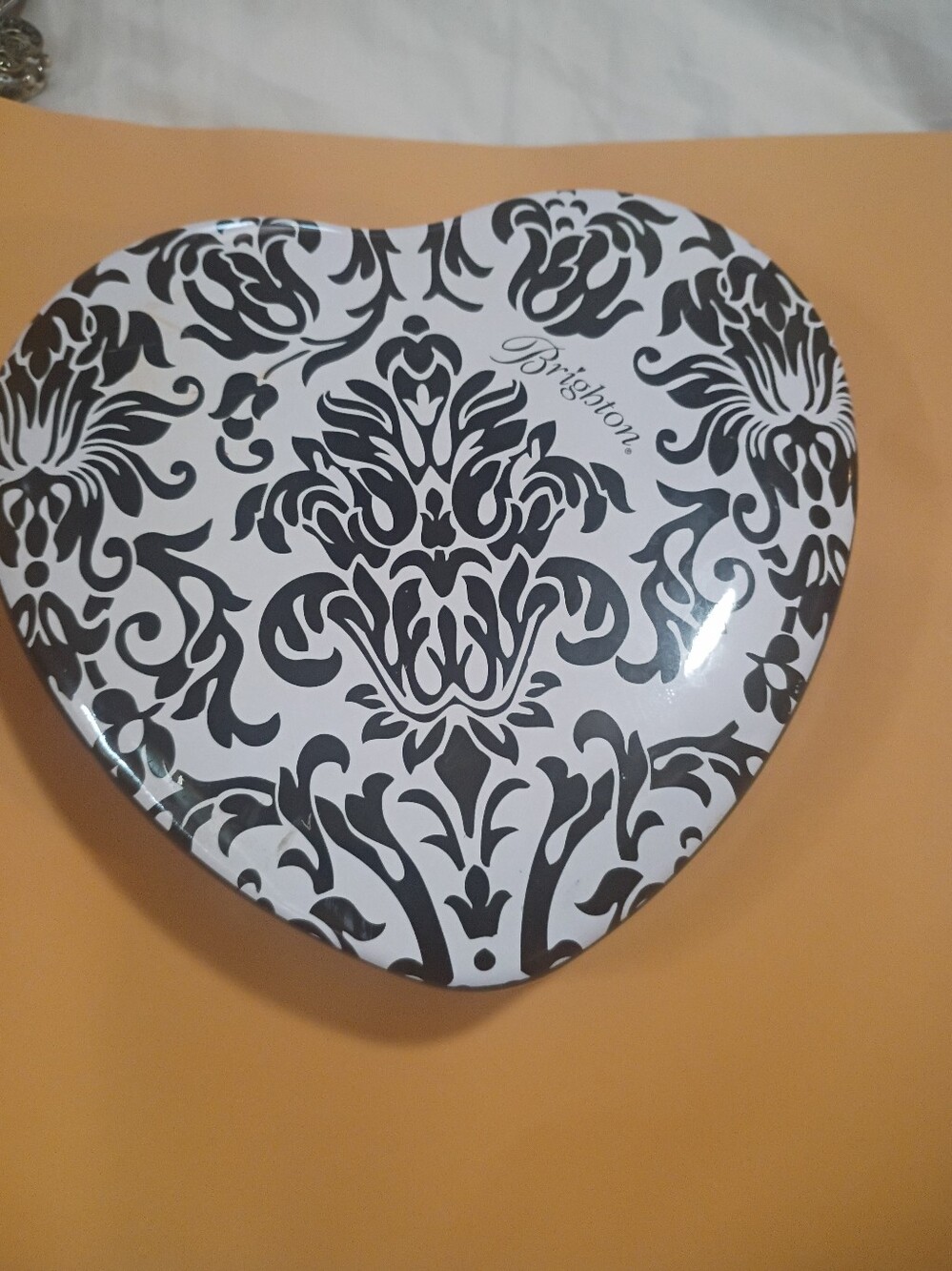 Brighton Black and White Damask Heart Tin With Lid